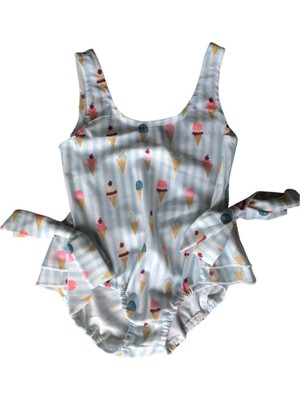 Beyaz Acik Gri Stripes Ince Cizgili Firfirli Dondurma Desenli Kız Çocuk Mayo