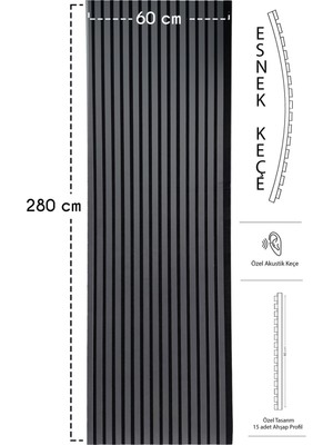 Detay Poliuretan 60x280cm Antrasit Gri Renk Akustik Ahşap Duvar Paneli Kolay Uygulanabilir