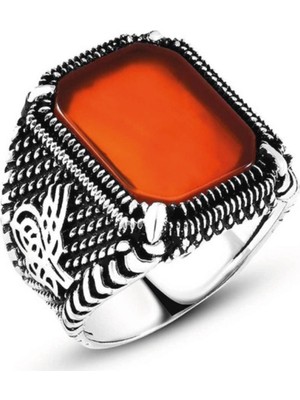 BymissMücevherat 925 Ayar Gümüş Pençe Model Tuğra Işleme Akik Taşlı Yüzük