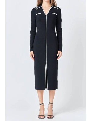 Kadın Siyah V Yaka Uzun Kollu Beyaz Şerit Detaylı Yırtmaçlı Diz Altı Klasik Elbise