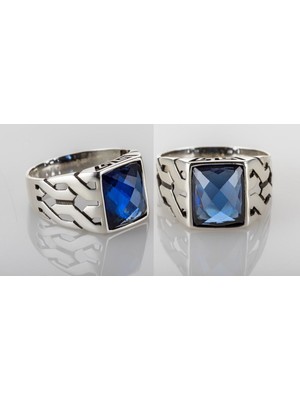 BymissMücevherat 925 Ayar Gümüş Parliament Mavisi Taşlı Örme Model Erkek Yüzük