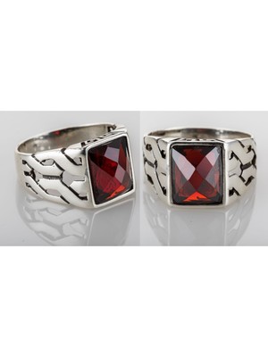 BymissMücevherat 925 Ayar Gümüş Kırmızı Zirkon Taşlı Kare Model Erkek Yüzük