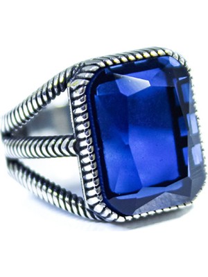 BymissMücevherat 925 Ayar Gümüş Kafes Model Kristal Kesim Lacivert Safir Taşlı Yüzük