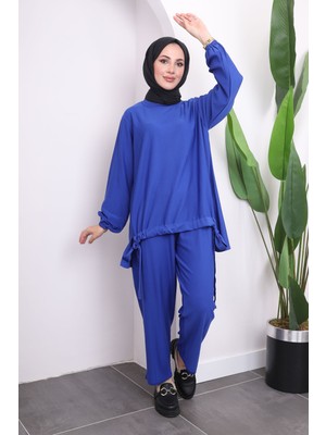 Saks Mavi Soğuk İplik Pantolonlu Tunik Takım