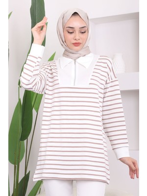 Vizon Yaka Fermuarlı Çizgili İki İplik Sweatshirt