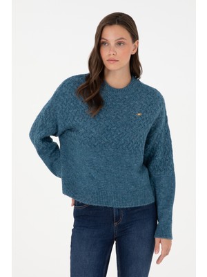 U.S. Polo Assn. Kadın İndigo Melanj Bisiklet Yaka Kazak 50293156-VR155