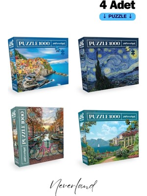 Neverland 4 Adet 1000 Parça Puzzle - Cinque Terre / Yıldızlı Gece / Amsterdam / Sahil Evi