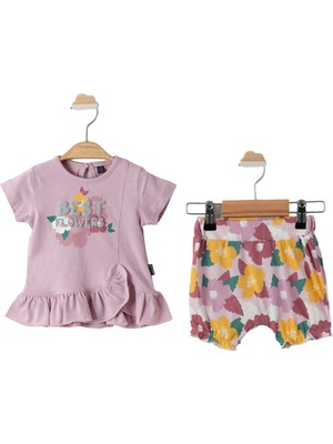 Bebegen Kız Bebek Lila Best Flowers Baskılı Renkli Şortlu 2'li Takım