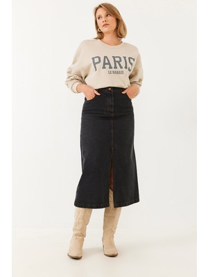 Arzu Özel Moda Atölyesi Yırtmaçlı Midi Boy Kot Etek