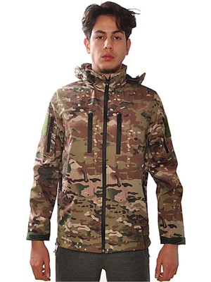 Erkek Kahverengi Multicam Kamuflaj Rüzgar Geçirmez Softshell Mont