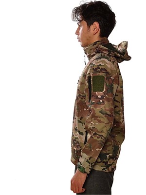 Erkek Kahverengi Multicam Kamuflaj Rüzgar Geçirmez Softshell Mont