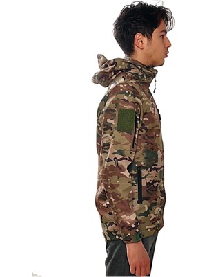 Erkek Kahverengi Multicam Kamuflaj Rüzgar Geçirmez Softshell Mont