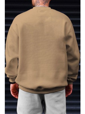 Erkek Camel Basic 0 Sıfır Yaka Baskısız Düz Oversize Salaş Bol Kesim Polar Sweatshirt