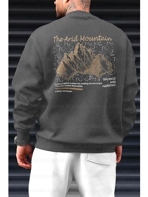Erkek Antrasit Arid Mountain Baskılı 0 Sıfır Yaka Oversize Salaş Bol Kesim Polar Sweatshirt