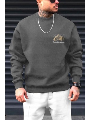 Erkek Antrasit Arid Mountain Baskılı 0 Sıfır Yaka Oversize Salaş Bol Kesim Polar Sweatshirt