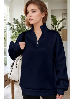 Kadın Lacivert Balıkçı Yaka 3 Iplik Içi Polarlı Şardonlu Oversize Sweatshirt