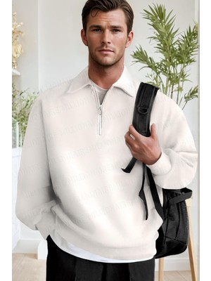 Erkek Ekru Kırık Beyaz Yarım Fermuar Polo Yaka 3 Iplik Içi Polarlı Şardonlu Oversize Sweatshirt