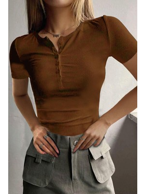Kadın Kahverengi Kısa Kollu Patlı Düğmeli Bisiklet Yaka Fitilli Kaşkorse Bluz Body