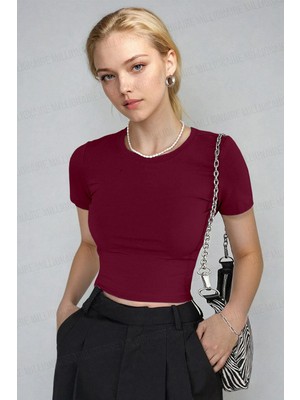Kadın Bordo Bisiklet Yaka Likralı Kısa Kol Body Crop T-Shirt