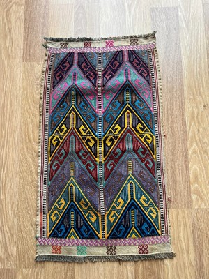 43X73 cm  Boho Stili Mavi ve Sarı Renkli Harika Kondisyonlu El Dokuma Türk Kilimi