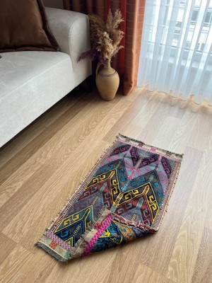 43X73 cm  Boho Stili Mavi ve Sarı Renkli Harika Kondisyonlu El Dokuma Türk Kilimi