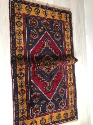 100X183CM El Dokuma Lacivert ve Sarı Renkli Antik Geometrik Desenli Nostaljik Kilim