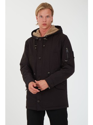 Sposo 1737 Su Itici ve Rüzgar Geçirmez Kapşonlu Siyah Erkek Kaban