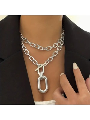 SE Jewellery Gümüş Renk 2'li Big Choker Kadın Kolye