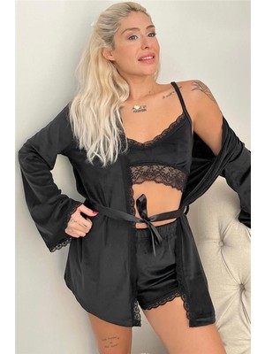 Siyah Bralet Exclusive Kadife Sabahlıklı Kadın Pijama Takımı 