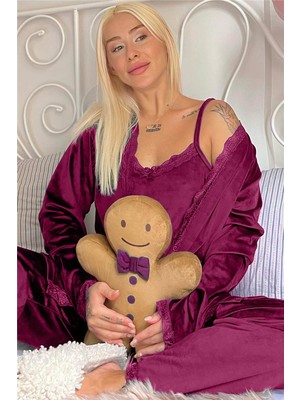 Pijama Evi Mürdüm Garnet Exclusive Kadın Pijama Takımı Dantelli Klasik Desen Kadife Özellikli