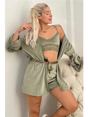 Yeşil Bralet Exclusive Kadife Sabahlıklı Kadın Pijama Takımı 