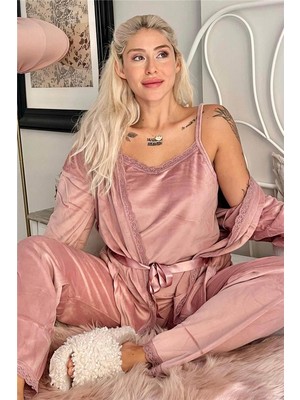 Pijama Evi Pudra Pearl Exclusive Kadın Kadife Sabahlıklı Pijama Takımı Dantelli Desenli Rahat Tasarım