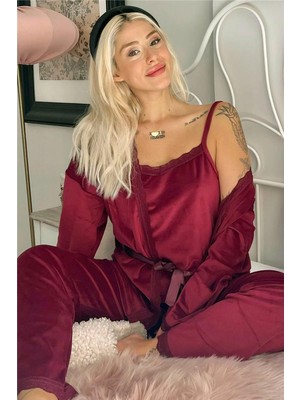 Pijama Evi Kadın Bordo Claret Kadife Sabahlıklı Dantelli Pijama Takımı Klasik Desenli