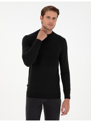 Pierre Cardin Erkek Siyah Slim Fit Bato Yaka Yün Karışımlı Triko Kazak 50296438-VR046