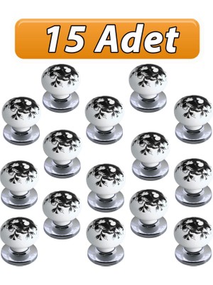 Glaswen 15 Adet Siyah Gül Desenli Beyaz Polimer Düğme Kulp Krom Tablalı Mobilya Mutfak Dolabı Çekmece Kulpları