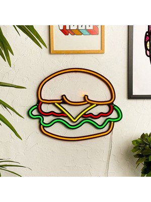 Tol Camp Hamburger Neon Duvar Dekoru - Lezzetli Tasarım, Modern Metal Üzerine Neon LED Tabela | 43 cm x 35 cm