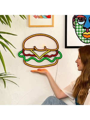 Tol Camp Hamburger Neon Duvar Dekoru - Lezzetli Tasarım, Modern Metal Üzerine Neon LED Tabela | 43 cm x 35 cm