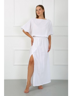 Agva Collection Shyla muslin kumaş yırtmaçlı Etek