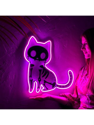 Tol Camp Schrödinger Kedi Neon Dekor - Şık Metal Üzerine Neon Tabela, Eğlenceli LED Aydınlatma | 44 cm x 44 cm