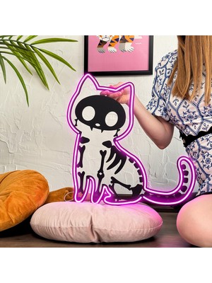 Tol Camp Schrödinger Kedi Neon Dekor - Şık Metal Üzerine Neon Tabela, Eğlenceli LED Aydınlatma | 44 cm x 44 cm