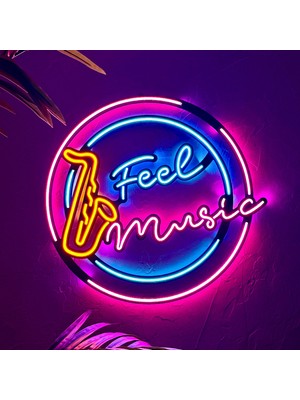 Feel Music Neon Duvar Dekoru | Turuncu, Pembe ve Buz Mavi LED Işık Tabela | 52,6 cm x 49,4 cm