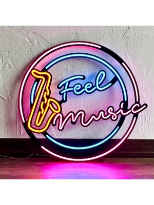 Feel Music Neon Duvar Dekoru | Turuncu, Pembe ve Buz Mavi LED Işık Tabela | 52,6 cm x 49,4 cm