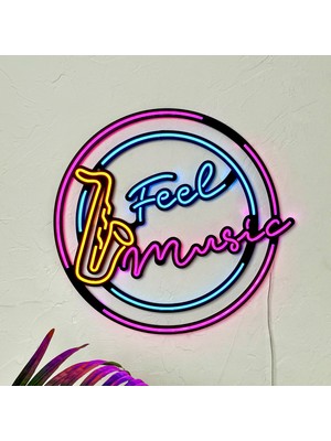 Feel Music Neon Duvar Dekoru | Turuncu, Pembe ve Buz Mavi LED Işık Tabela | 52,6 cm x 49,4 cm