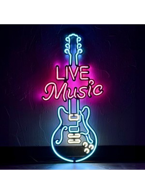 Live Music Gitar Neon Dekor - Metal Üzerine Neon Tabela | Beyaz, Pembe & Buz Mavisi | 33,5 cm x 69,5 cm