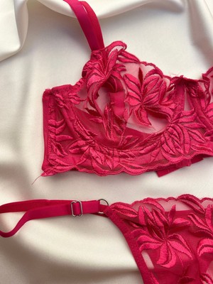 Mishka Homewears Çiçek Detaylı Fuşya Balenli Bralet Sütyen Takım