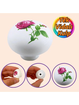 Glaswen Pembe Gül Desenli Beyaz Polimer Düğme Kulp Mantar Mobilya Mutfak Dolabı Çekmece Kulbu Kulpları
