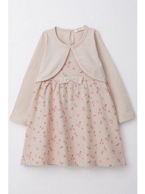 Breeze Kız Çocuk Uzun Kollu Elbise Çiçekli Fiyonklu 3-8 Yaş, Bej