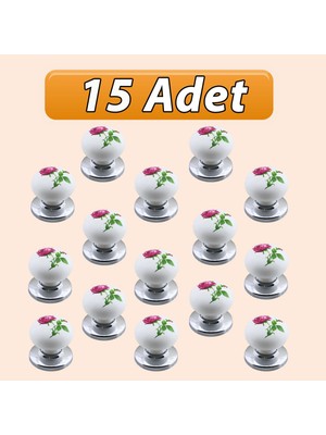 Glaswen 15 Adet Pembe Gül Desenli Beyaz Polimer Düğme Kulp Krom Tablalı Mobilya Mutfak Dolabı Çekmece Kulbu Kulpları