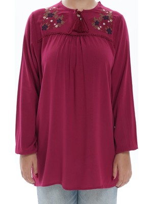 Moda Şen Modasen Yaka Nakışlı Bağcıklı Bordo Bürümcük Kadın Bluz