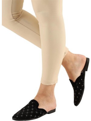 Liger Süet Sivri Burun Taş Tasarımlı Kadın Terlik SİYAH - ALTIN